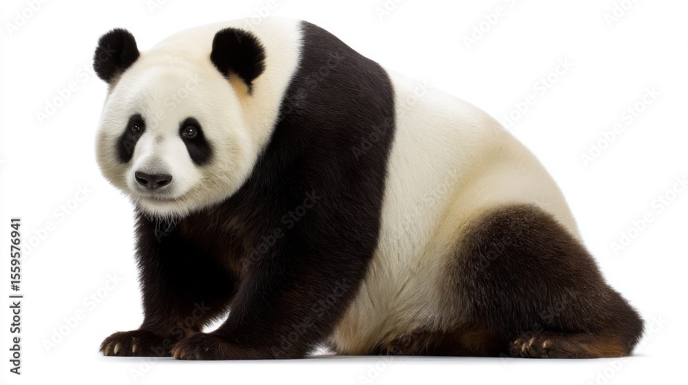 Giant panda seated on stark white background with black-and-white fur, calm expression, direct gaze, front paws on ground, hind legs tucked. Giant panda seated on stark white background with black-and-white fur, calm expression, direct gaze, front paws on ground, hind legs tucked.