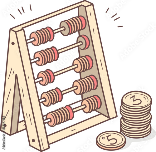 A charming hand drawn illustration of a wooden abacus with colorful beads and a stack of coins representing early education and financial literacy concepts