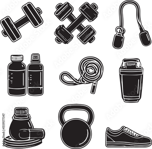 Weight training icons outline black and white icons 