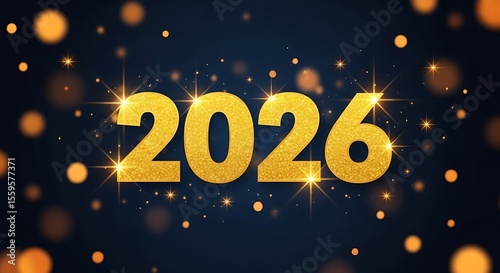 Glowing gold 2026 text displayed on a dark blue background with festive bokeh