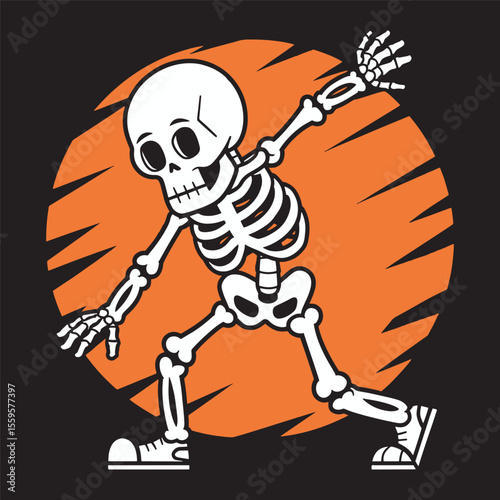 Happy skeleton doing a dance pose in front of an orange sun backdrop, vector illustration. 