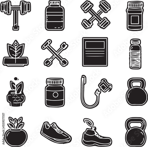 Weight training icons outline black and white icons 