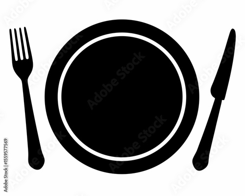 Silhouette of dining utensils vector illustration. fork, spoon, knife, plate