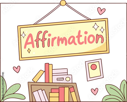 A cute cartoon illustration of a sign that says affirmation hanging above a bookshelf filled with books surrounded by plants and hearts