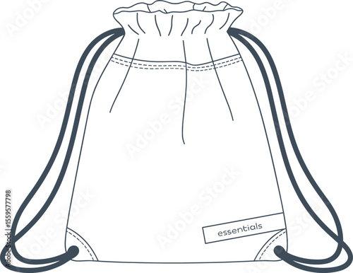 Fashionable vector technical sketch of drawstring backpack, bag, sack, apparel template for sports, gym, and travel