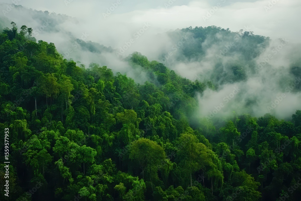 Dense rainforest engulfed in fog with lush greenery at dawn, Rainforest foggy dense with lush green trees Photo Dense rainforest engulfed in fog with lush greenery at dawn, Rainforest foggy dense with lush green trees Photo