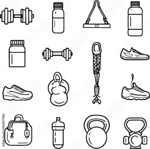 Weight training icons outline black and white icons 