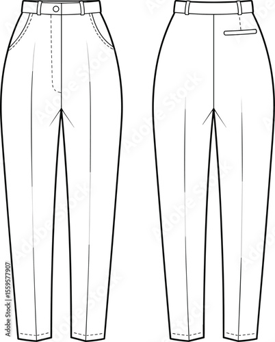 Fashionable vector technical sketch of high waist tapered trousers, apparel template for women, office wear, and work