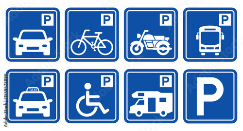 Parking sign set. Parking sign car, bicycle, motorcycle, bus, disabled person, campervan, visitor parking signboard. Vector illustration.	