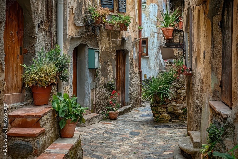 Obraz premium Charming alleyway in Torrazza village surrounded by rustic buildings and greenery, The village of Torrazza in the province of Imperia, Liguria, Italy