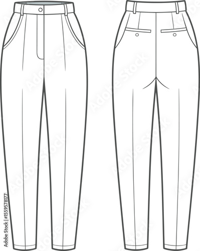 Fashionable vector technical sketch of high waist tapered trousers, apparel template for women, office wear, and work