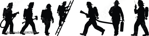 Firefighter silhouette illustration vector of emergency workers climbing ladder and using extinguisher