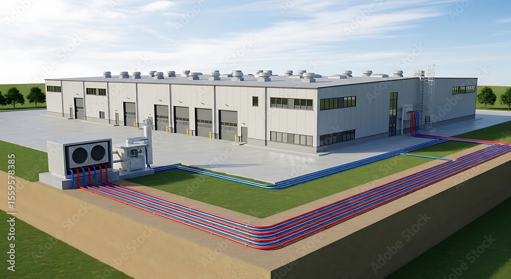 Fototapeta premium Illustration of industrial building with hvac systems for energy efficiency and cooling