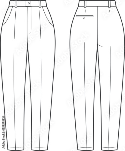 Fashionable vector technical sketch of high waist tapered trousers, apparel template for women, office wear, and work