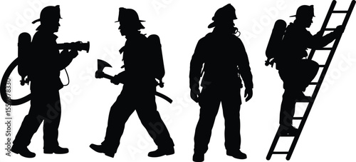 Silhouette vector of firefighters spraying water, climbing ladder and holding emergency equipment