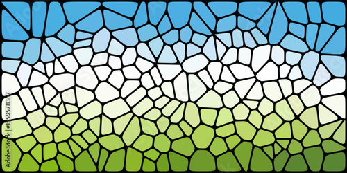 A mosaic-style abstract image with a stained glass effect, blending blue sky, white clouds, and green grass using irregular black-bordered shapes.

