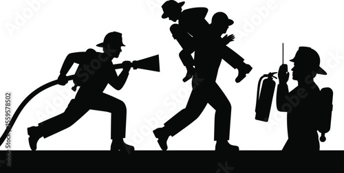 Emergency fire response silhouette vector set of men rescuing and extinguishing flame