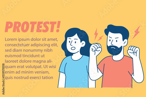 Angry man and woman protesting with raised fists in flat cartoon style, vector illustration for social movement and activism concept