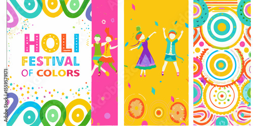 Vibrant Holi Festival Celebration with Colorful Designs and Dancing Figures