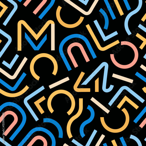 Abstract Geometric Seamless Pattern with Arcs and Lines on Black Background