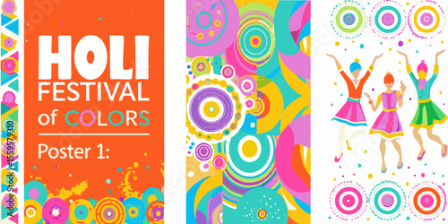 Vibrant Holi Festival Posters with Abstract Designs and Dancing Figures
