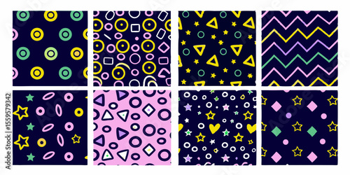 Collection of Eight Colorful Geometric Pattern Backgrounds with Hand Drawn Style