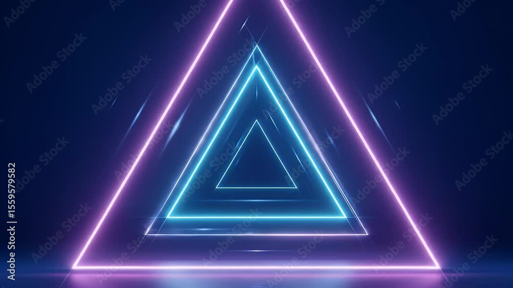 Three neon triangles glow against a dark blue background creating a futuristic geometric effect