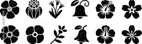 Floral icon silhouette vector collection with hibiscus, bellflower and botanical leaves