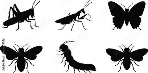 Insect silhouette vector set with butterfly, bee, grasshopper and mantis in natural poses