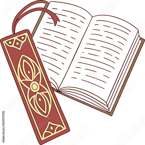 An open book with blank pages and a decorative red and gold bookmark with a ribbon attached isolated on a white background symbolizing reading and learning