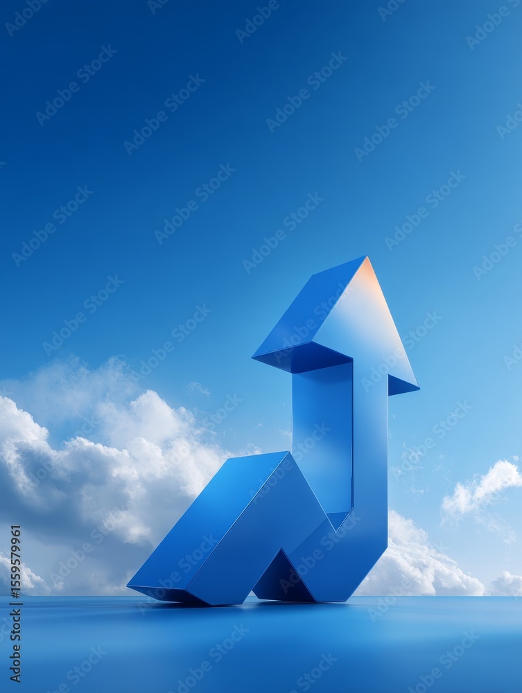 Fototapeta premium Upward blue arrow against clear sky symbolizing growth and success