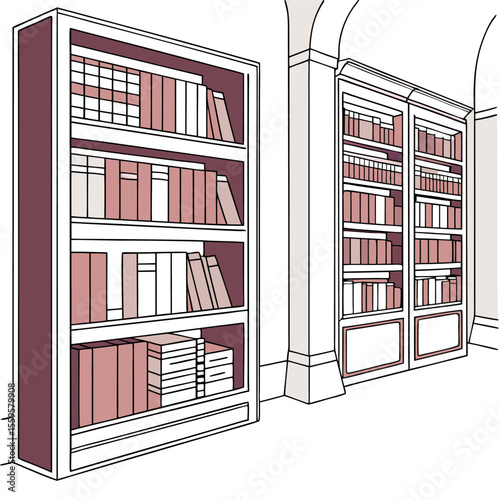 A minimalist vector illustration of a library interior featuring two tall white bookshelves filled with books and archways in the background