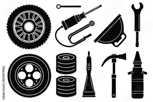 Garage tools and vehicle tires black silhouette