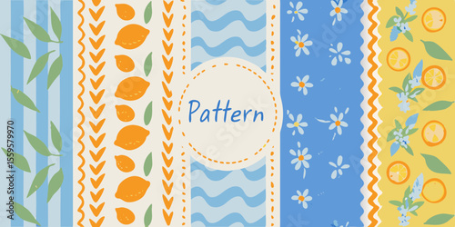 Hand Drawn Summer Pattern with Lemons Flowers Leaves and Waves