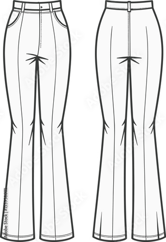 Flat vector technical sketch of high-waist flare trousers for women with pintuck seams and a waistband with belt loops, front and back view.