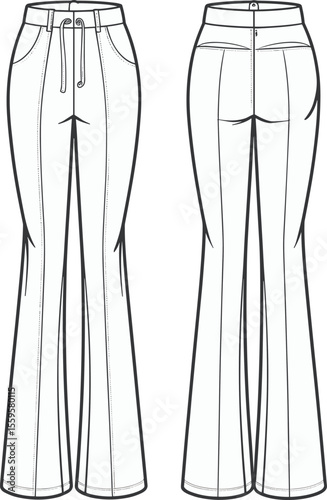 Flat vector technical sketch of high-waist flare trousers for women with an elastic waistband, drawstrings, and pintuck seams
