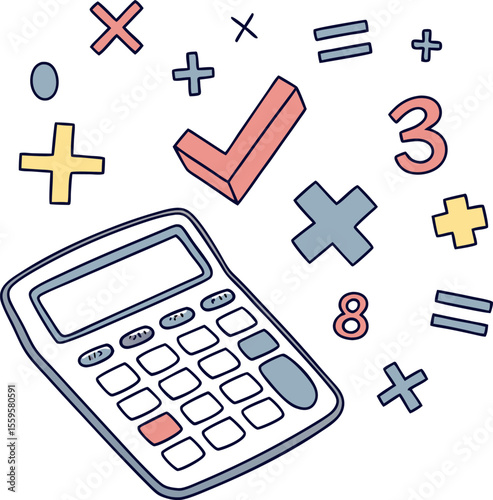 A whimsical hand drawn illustration featuring a calculator surrounded by colorful mathematical symbols like plus signs minus signs multiplication signs equals signs and numbers