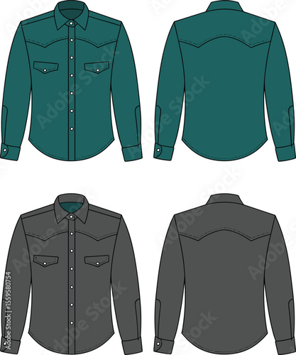 Flat vector technical sketch of a long sleeve western shirt for men with snap buttons and curved yokes, front and back view