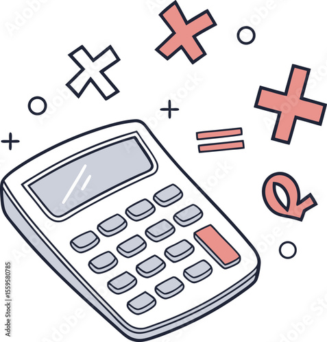 A hand drawn illustration of a white calculator with a grey screen and grey buttons surrounded by colorful plus signs minus signs equal signs and circles suggesting calculations and mathematics