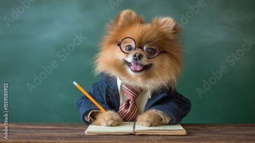 Pomeranian dog dressed as a professor with glasses and pencil in classroom setting