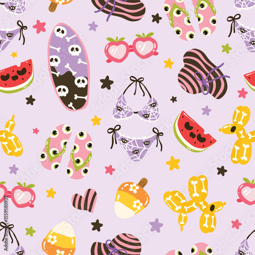 Cute Spooky Summer Seamless Pattern with Bikini, Candy, Skull Surfboard, and Watermelon,Summerween Seamless Pattern