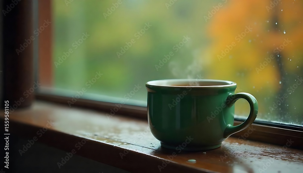 Obraz premium Misty Window View with Hot Drink in a Green Mug on a Rainy DayCozy Rainy Day Scene with Steaming Mug by a Foggy WindowWarm Beverage in Green Mug Framed by Rain-Covered WindowPeaceful Rainy Momen