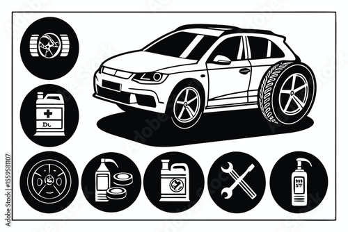 White car and automotive service icons automobile vehicle