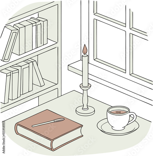 Cozy scene with a lit candle a book and pen and a cup of coffee on a table next to a window with a bookshelf