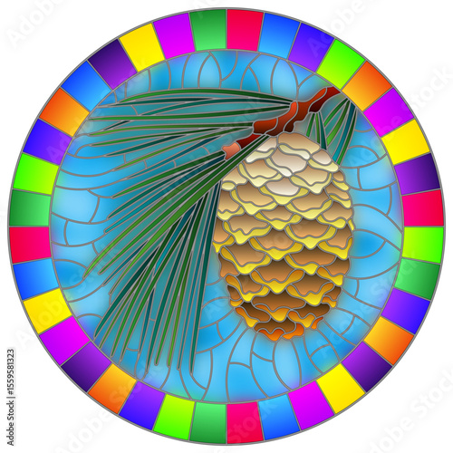 An illustration in stained glass style with cedar cone on a branch on a blue background, round image in bright frame