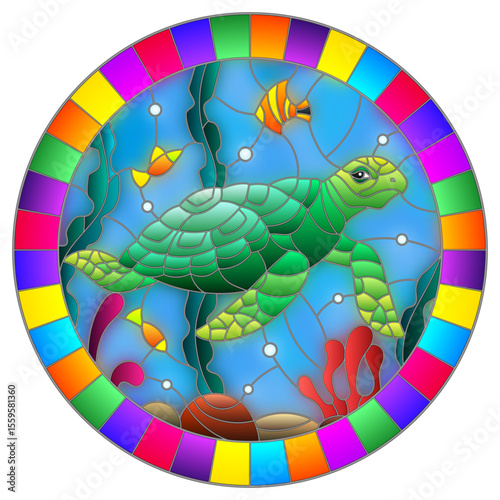 An illustration in stained glass style with sea turtle on the seabed background with algae, fish and stones photo