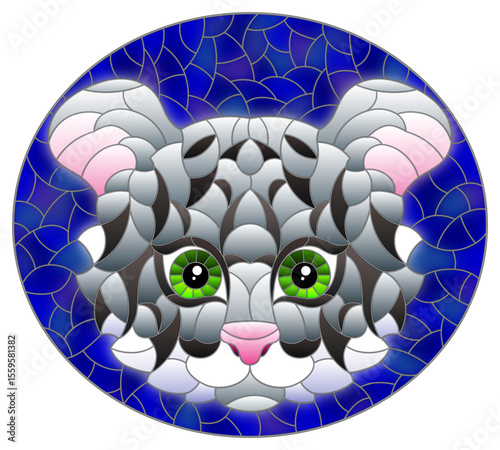Illustration in stained glass style painting with a tiger's head on a blue background, oval image