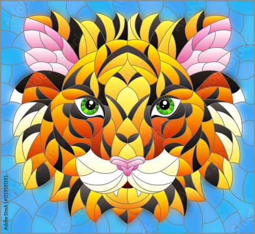 Illustration in stained glass style painting with a tiger's head on a blue background, rectangular image