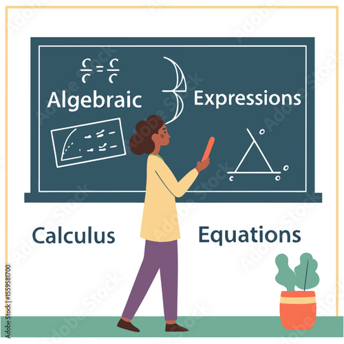A person stands in front of a blackboard with mathematical equations and diagrams representing education and learning in subjects like algebra calculus and expressions