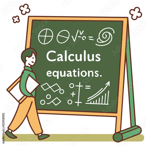 A smiling student walks by a blackboard displaying calculus equations and mathematical symbols representing education and learning